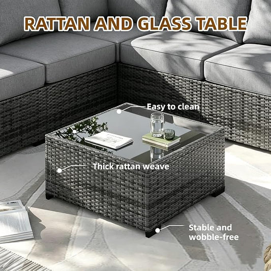 MOCHITO 7 Pieces Outdoor Patio Furniture Sets, All-Weather Sectional Sofa Grey PE Rattan Wicker Conversation Set with Glass Table and Washable Grey Cushions for Backyard,Sunroom,Garden,Porch