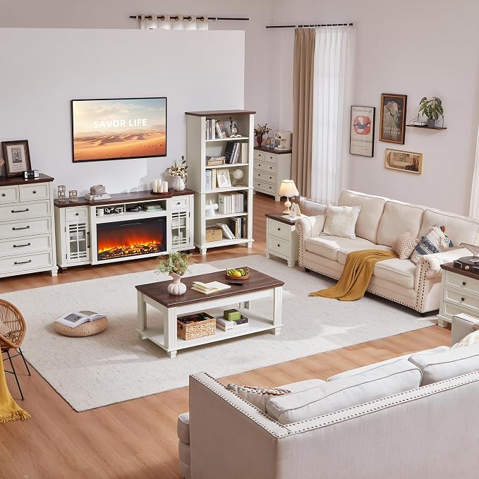SAVOR LIFE Farmhouse Coffee Table Set of 3, Rustic Wood 3 Piece Coffee and End Table Sets with Open Shelf for Living Room, White