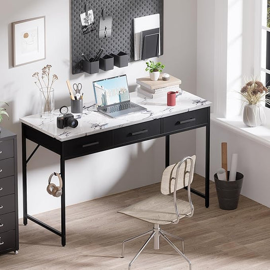 Pamray 47 Inch Small Computer Desk with 3 Drawers for Bedroom Study Writing Home Office Table for Small Spaces Marble