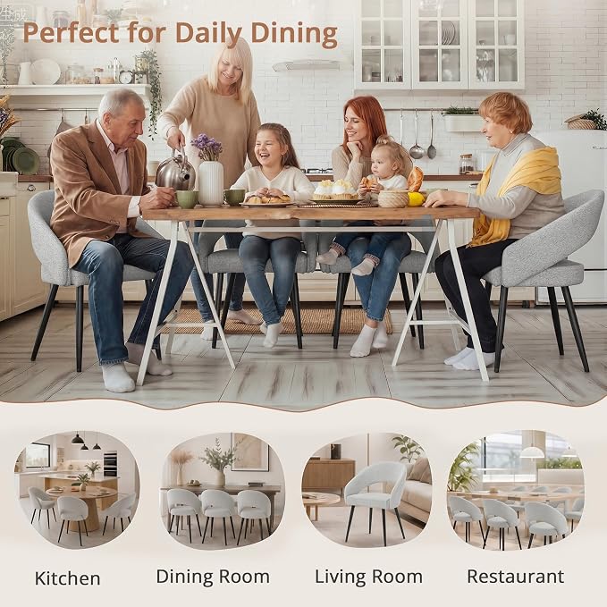 LUE BONA Modern Dining Chairs Set of 4, Upholstered Armrest Side Chairs for Kitchen & Dining Room, 18.5" Seat Height, Comfortable Curved Hollow Backrest, Black Metal Legs, Easy Assembly, Light Grey