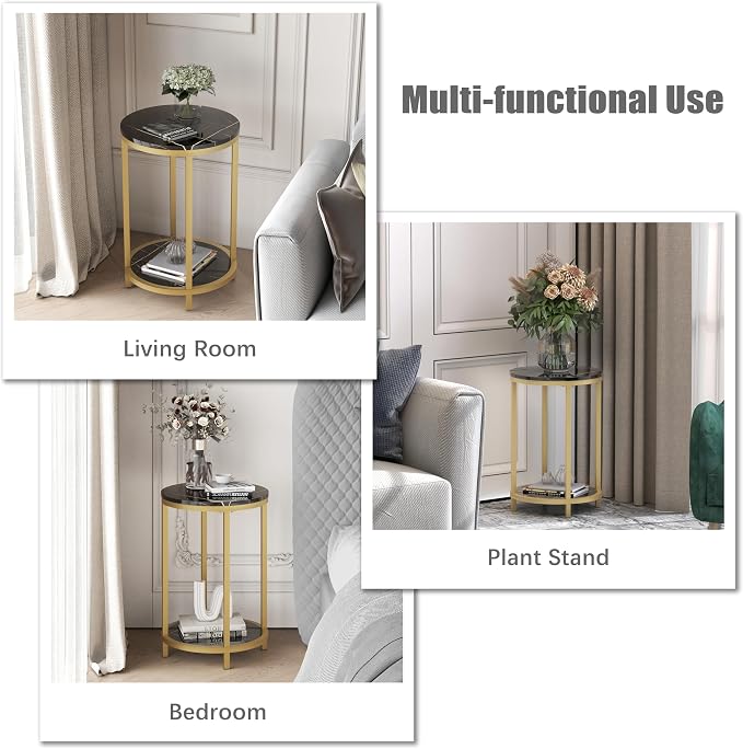 WiberWi Round Side Table Set of 2, Modern Nightstand End Table with Gold Metal Frame &Faux Marble Top, Accent Bedside Table for Living Room Bedroom Small Spaces with Storage Open Shelf,Black