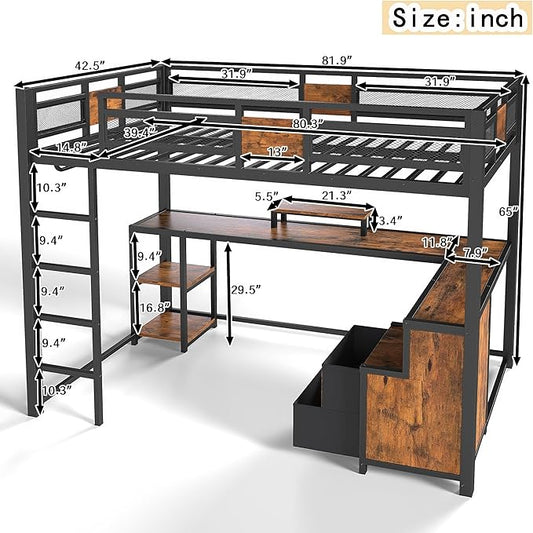Bellemave Twin XL Loft Bed with Desk & Storage Fabric Drawers & Shelves, Metal Loft Bed Twin Size for Adults & Teens, Twin Loft Bed Frame for Apartments & Dorm, No Box Spring Needed, Black