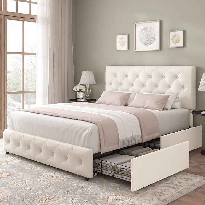 Keyluv Full Size Upholstered Platform Bed Frame with 4 Storage Drawers, Modern Beige Fabric Bed with Adjustable Button Tufted Headboard, Solid Wooden Slat Support, Easy Assembly