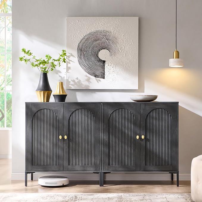 IFGET Modern Buffet Cabinet with Storage, 61.75" W Fluted Arched Sideboard Cabinet w/Adjustable Shelves, Wooden Modular Coffee Bar for Dining Room, Kitchen, Living Room, Entryway, Dark Grey