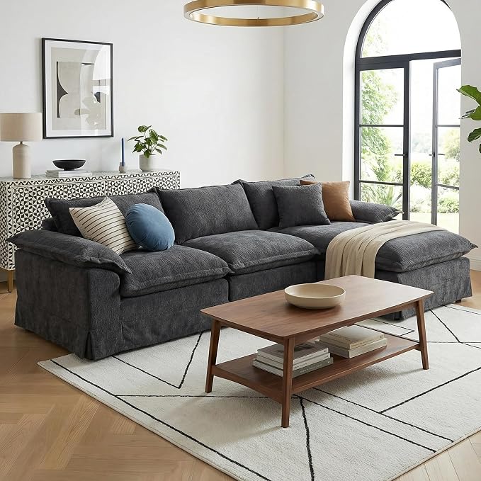 Claiks 123" Modular Boneless Couch, L Shaped Couch for Living Room, Modern Deep Seat Sofa 3 Seater Chenille Fabric Comfy Cloud Couches with Movable Ottoman, Dark Grey