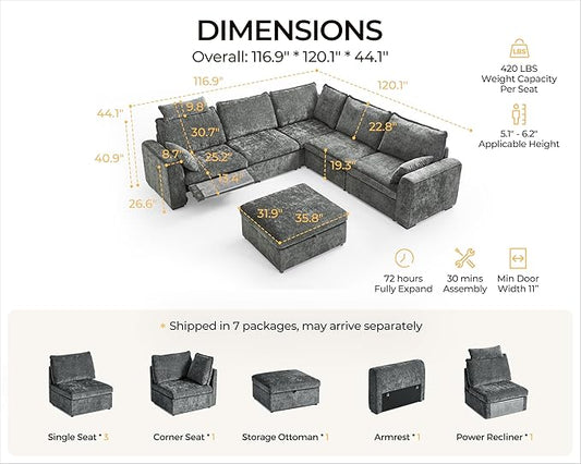 Oversized Modular Sectional Sofa with Power Recliner, Plush Cloud Couch with Headrest, Convertible Deep L-Shaped 6 Seater with Corner and Storage Ottoman, Chenille, Grey
