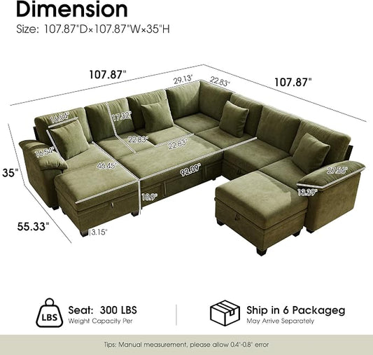 107.8" Oversized Modular Sectional Sofa with Pull Out Bed, 9 Seat U Shaped Sectional Sleeper Sofa with 291L Storage, Convertible Cloud Couch Bed, Sectional Couches for Living Room, Apartment (Green)