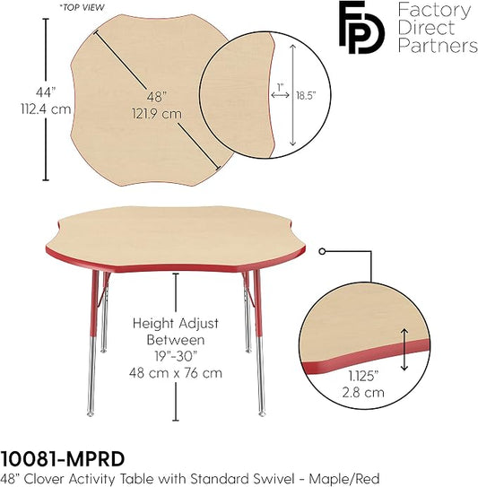 FDP Clover Activity School and Office Table (48 x 48 inch), Standard Legs with Swivel Glides for Collaborative Seating Environments, Adjustable Height 19-30 inches - Maple Top and Red Edge