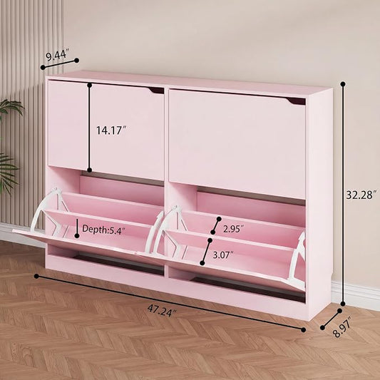 Shoe Storage Cabinet, Wood Shoe Organizer for Entryway with 3 Flip Drawers, Freestanding Shoe Rack with Adjustable Shelf, Narrow Shoe Dresser for Front Door Entrance (Pink, Standard 4 Drawers)