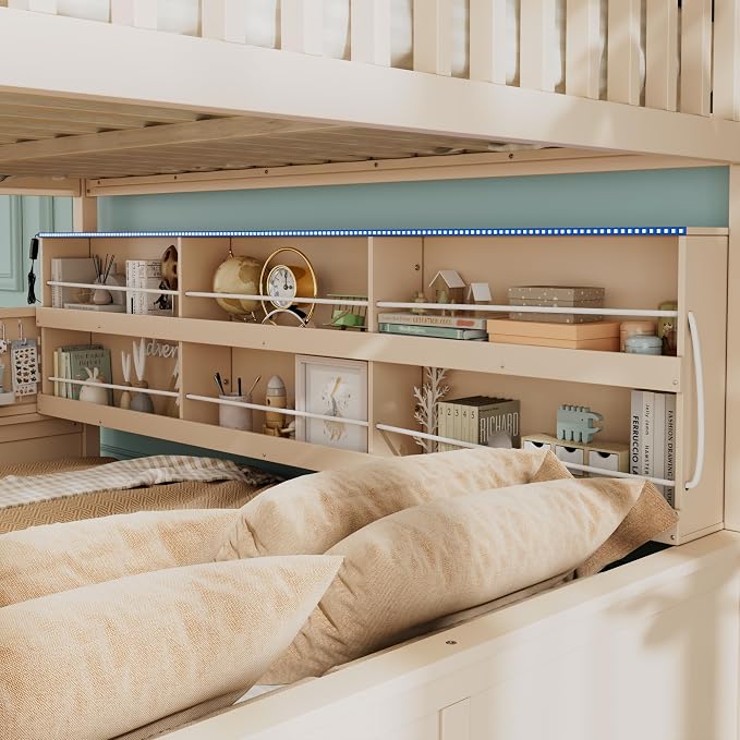 Full XL Over Queen Bunk Bed, Wood Bunk Bed with Integrated Shelving, Color-Changing Lights and Pegboard for Kids Teens Adults, Beige