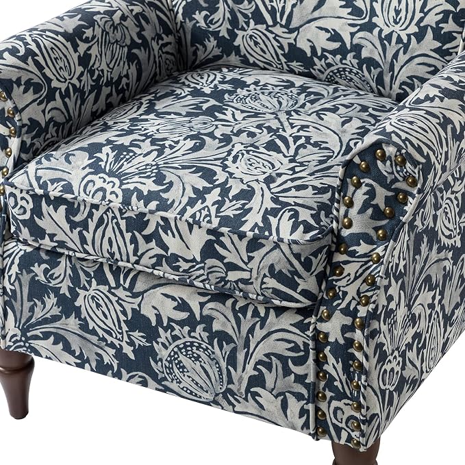 HULALA HOME Modern Wingback Accent Chair with Wood Legs & Removable Cushion, Comfy Upholstered Armchair with Nailhead Trim, Floral Pattern Single Sofa Chair for Living Room Bedroom, Navy