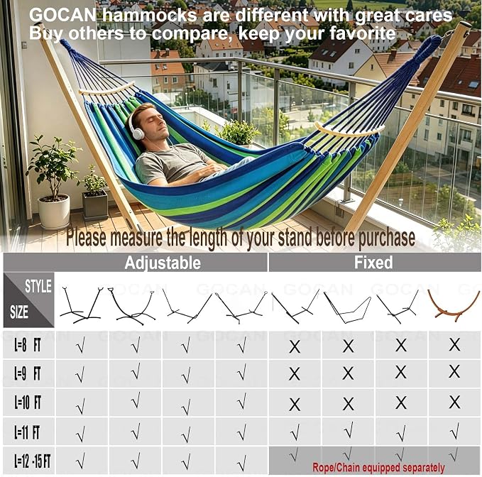 GOCAN Double Hammock 2 Person Extra Large 220x160cm Total Length 330cm Load 500lb Canvas Cotton Hammock for Patio Porch Garden Backyard Lounging Outdoor and Indoor with Removable Spreader bar