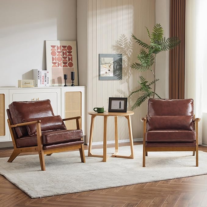 Karl home Mid-Century Lounge Accent Chair, Red-Brown | Wide Curved Armrest, PU Leather, Lumbar Pillow Included, Solid Wood Frame, For Living Room, Bedroom, Balcony, Apartment