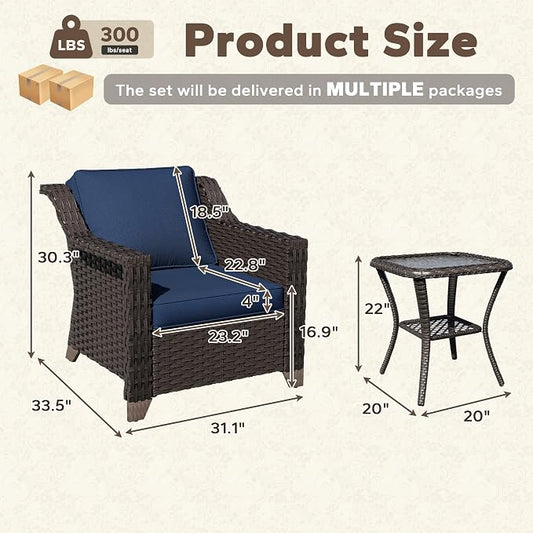 3 Pieces Patio Conversation Furniture Set - 2 Armchairs, 1 Side Table, Outdoor Wicker Furniture with Removable Cushions for Porch, Balcony, Deck, Sunroom (Blue)