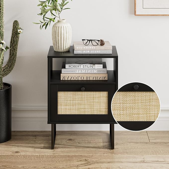 Masupu Rattan Nightstand,Modern Boho Farmhouse Wood Bedside Table with Storage Drawer and Open Shelf,Small Black Frame Side End Table for Bedroom,Living Room,Office (Black)