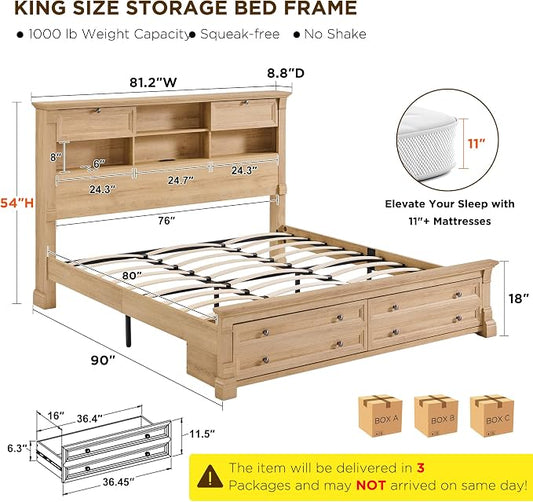 T4TREAM Farmhouse King Size Bed Frame with 54" Tall Storage Bookcase Headboard, 18" Roman Column Decoration Footboard,2 Drawer & 4 Storage Rack, Oak