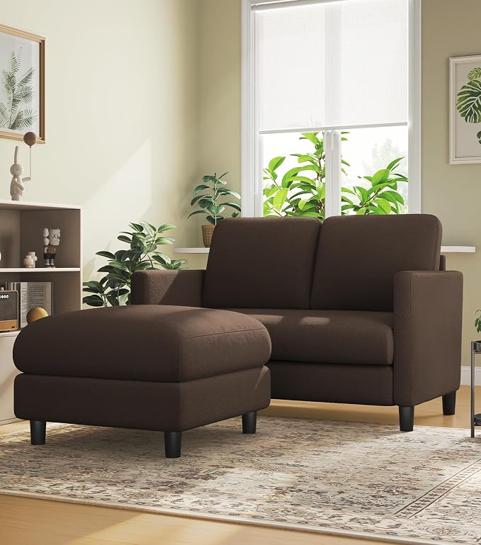 Welzona Loveseat, 51" Small L Shaped Couch, Comfy Teddy Love Seat with Ottoman Set, Tool-Free Setup Loveseat Sofa with Ottoman, All-Wood Small Sofa Couch for Bedroom, Couch for Living Room, Brown
