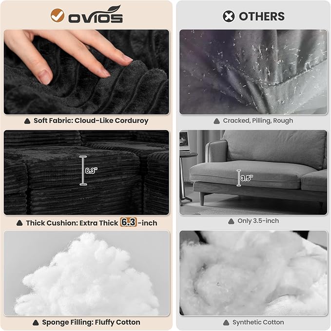 ovios Modular Sectional Sofa Couch with U-Shape Chaise Oversized, Comfy Plush Corduroy Cloud Couches, Modern Luxury Deep Seat Sofas Set for Living Room, 7-Seater, Black