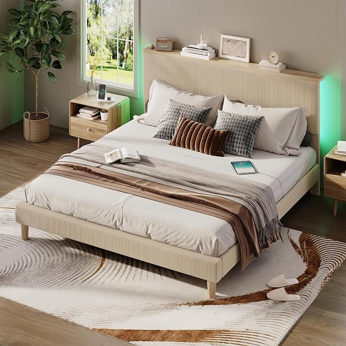 Bestier King Bed Frame with Adjustable Headboard & LED Lighting, Corduroy Upholstered Platform Bed Frame with Storage Shelf, Solid Wood Slats, No Box Spring Needed,Never Squeak, Easy Assembly, Taupe