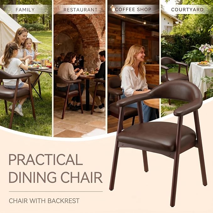 MALOL Leather Dining Chair with Armrest Set of 6, Upholstered Dining Room Chair with Curved Back and Wood Legs, Mid Century Modern Kitchen Chairs for Kitchen Dining Room,Dark Brown