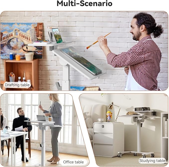 24Inch Rolling Standing Desk On Wheels, Mobile Laptop Stand with Tiltable Desktop, Smaller Computer Workstation Adjustable Height, 2-Tier Portable Study Table with Storage Shelves, White