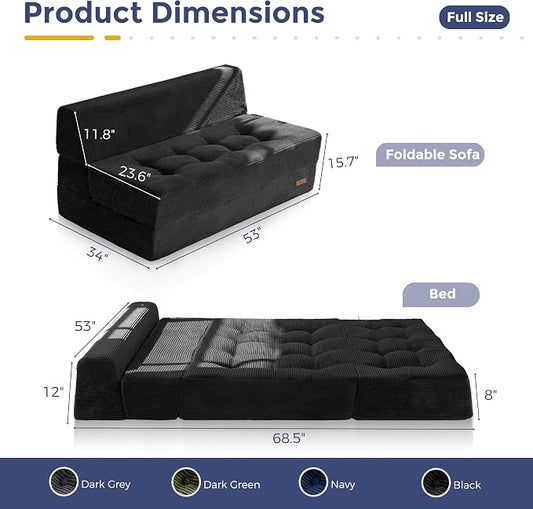 MAXYOYO 8" Folding Sofa Bed, Fold Out Chair Bed, Convertible Floor Sofa Couch, High-Density Foam Tufted Lounge Couch for Living Room Bedroom Dorm, Loveseat, Black