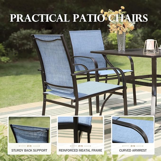 HERA'S HOUSE Outdoor Dining Set, Rectangle Metal Table with Double Umbrella Hole and 6 Armrest Chairs, Patio Table and Chairs for Backyard Garden Porch Deck (Blue)