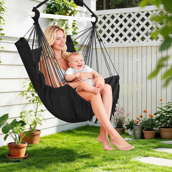 Hammock Chair Hanging Chair Heavy Duty 500 Lbs, Hanging Hammock Chair with Steel Spreader Bar & Adjustable Straps, Indoor Outdoor Hammock Swing for Bedroom Patio Porch Balcony Backyard Camping -Black