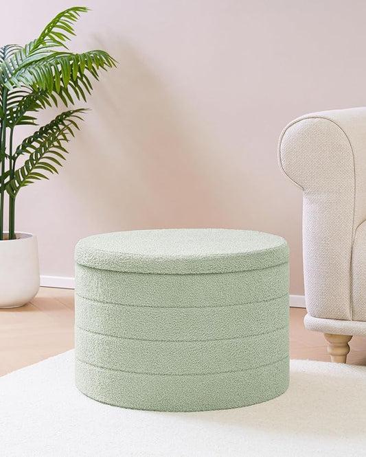 B FSOBEIIALEO Ottoman with Stroage, Round Sherpa Storage Ottoman Stool, Boucle Foot Rest22 x 22"x15.75"(Green
