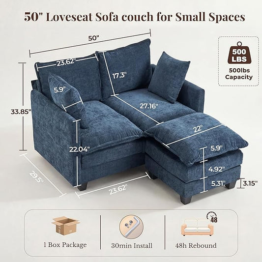 Loveseat Sofa with Ottoman, Cloud 3-Layer Cushion, 27" Deep Seat Love Seat Small Couch with 2 Pillows for Small Spaces, Bedroom, Apartment, Office, Living Room, in a Box, 50-Inch Blue