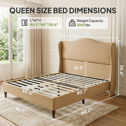 Welzona Queen Size Bed Frame 51" Tall Wingback Headboard, Soft Fabric Upholstered Platform Bed with Solid Wood Legs and Wooden Slats Support, No Box Spring Needed, Easy Assembly,Fawn Brown