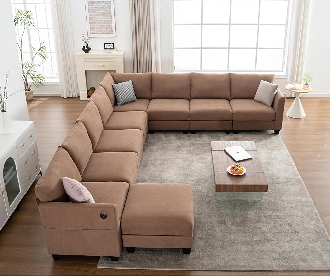 150.4" Large Sectional Couches for Living Room, 8 Seater L Shaped Modular Sectional Sofa with Storage Ottoman & USB, Oversized Corner Couch for Living Room(Brown)