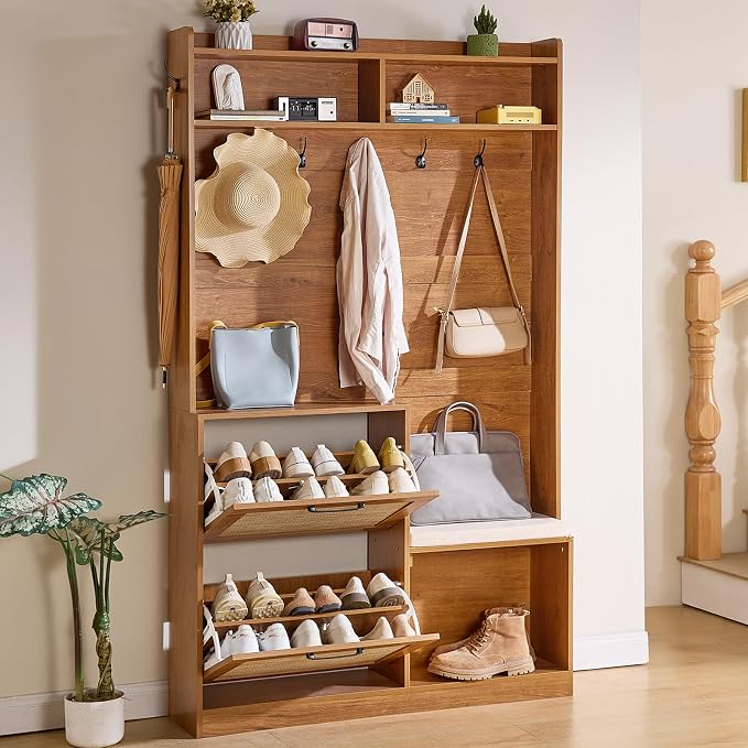 LEYAOYAO 78" Tall Boho Hall Tree with Bench & Shoe Storage, 4-in-1 Mudroom Coat Rack with 2 Flip Rattan Drawers & Cushioned Stool, Entryway Hall Tree Cabinet with 6 Hooks for Garage, Tea Brown