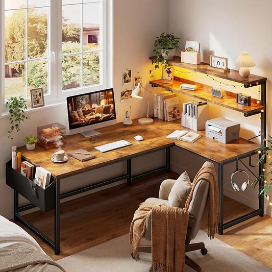 DurayLoly L Shaped Gaming Desk with LED Light & Power Outlet, 43.3 Inch Reversible Computer Desk with Shelf & Storage Bag & Hook for Home Office, Rustic Brown