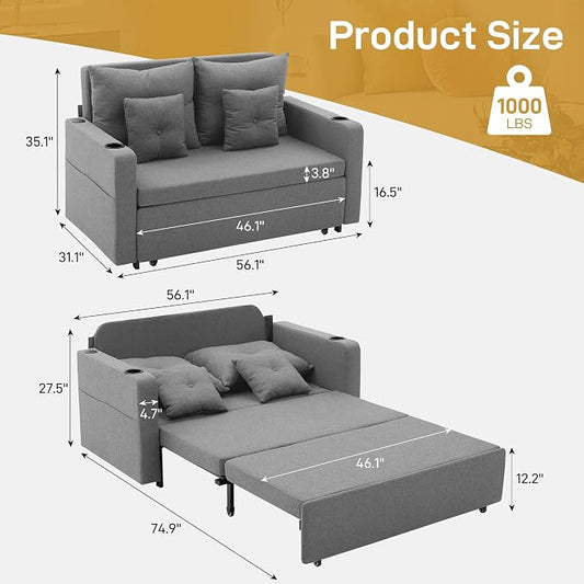 Busaurus Convertible Sleeper Sofa Bed, 56" Full Size Loveseat Sleeper Sofa, Comfy Pull Out Couch Bed with 4 Pillows, Pocket, USB, Small Couches for Small Spaces, Living Room, Bedroom, Apartment, Grey