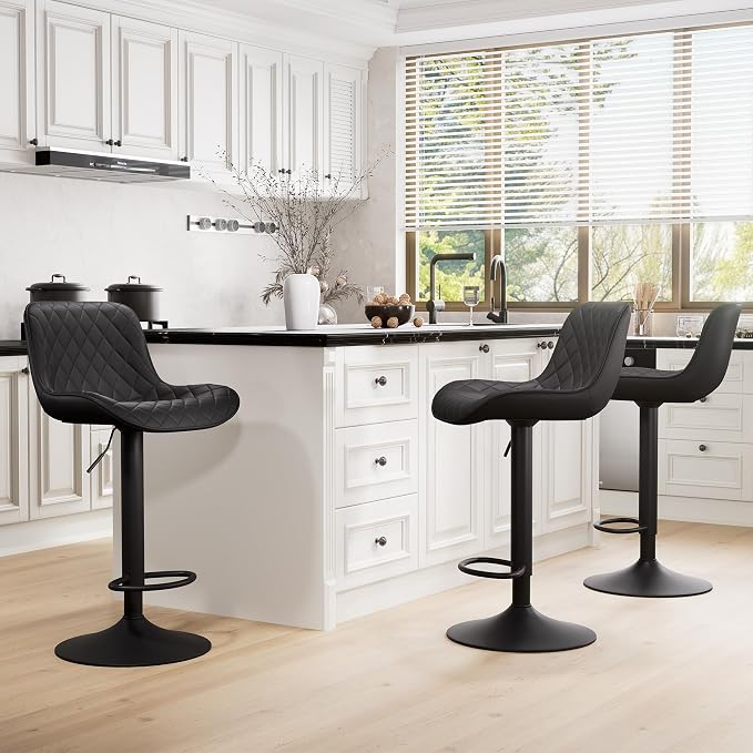 YOUTASTE Black Bar Stools Counter Height Bar Stool Set of 2 Adjustable Swivel Faux Leather Barstools with Padded Back Diamond Metal Bar Chairs for Home Kitchen Island