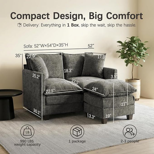 52" Loveseat Sofa, L-Shaped Cloud Couch with Ottoman, Comfy Chenille Love Seat with 2 Pillows, Small Loveseat for Small Spaces, Living Room, Bedroom,Apartment and Office, Grey