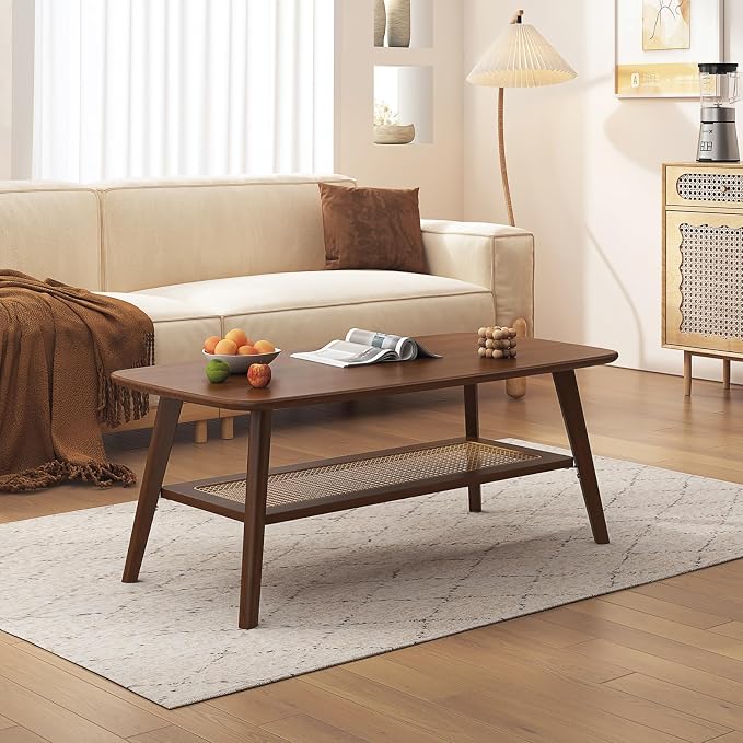 Coffee Table Small Solid Wood Center Table Mid Century Vintage Living Room Coffee Table, Walnut Rattan 47.24 Inch