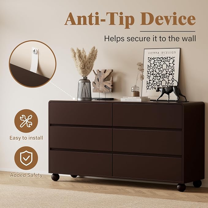 Furniway 3 Piece Bedroom Set, 6 Drawer Dresser and 2 Drawer Nightstand Set of 2 with Round Legs, Modern Wood Chest of Drawers Storage Cabinet for Bedroom, Brown
