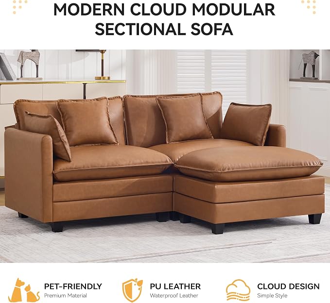 76'' Cloud Deep Seat Loveseat Sofa, Upholstered Leather Modular 2-Seats Sectional Sofa Couch with Movable Ottoman, Modern Comfy Settee Loveseat for Living Room Set, Small Apartment,Leather Light Brown