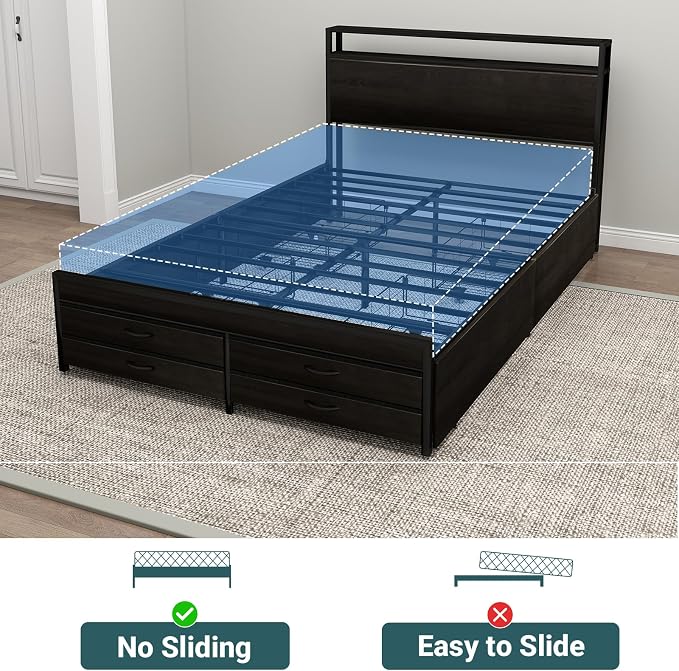 Zevemomo Full Bed Frame with 8 Storage Drawers, Full Metal Bed Frame with LED Light and Charging Station, Heavy Duty Metal Slats, No Box Spring Needed, Black