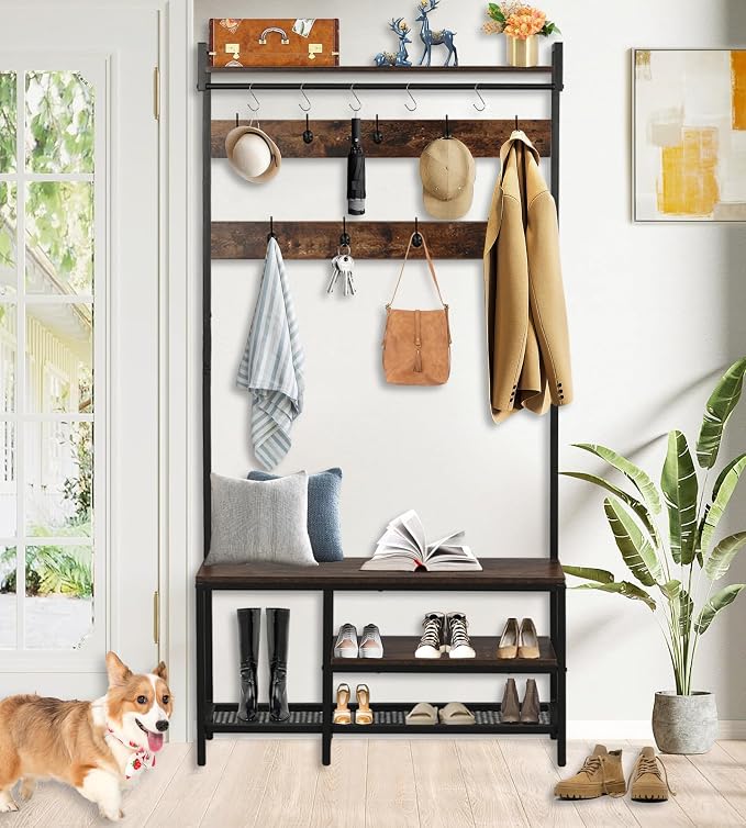 5-in-1 Coat Rack freestanding for Entryway, 71’’ Wooden Hall Tree Bench with Shoes Storage, Industrial Entrance Organizer with 14 Hooks for Hallway Living Room and Bedroom (Brown)