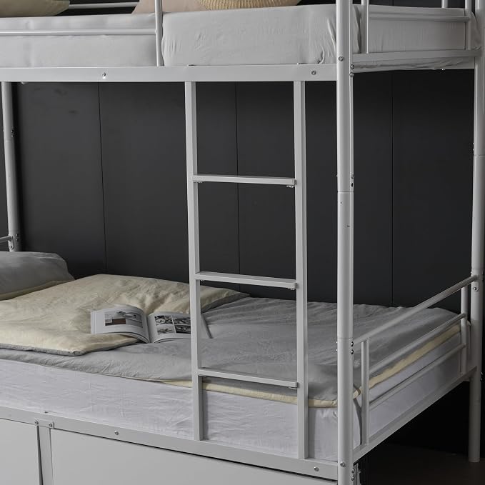 Karl home White Bunk Bed Twin Over Twin with 2 Storage Drawers, Metal Bunk Bed with Built-in Ladder and Safety Guardrail, Space-Saving Twin Bunk Beds for Kids, Teens & Adults, No Box Spring Needed