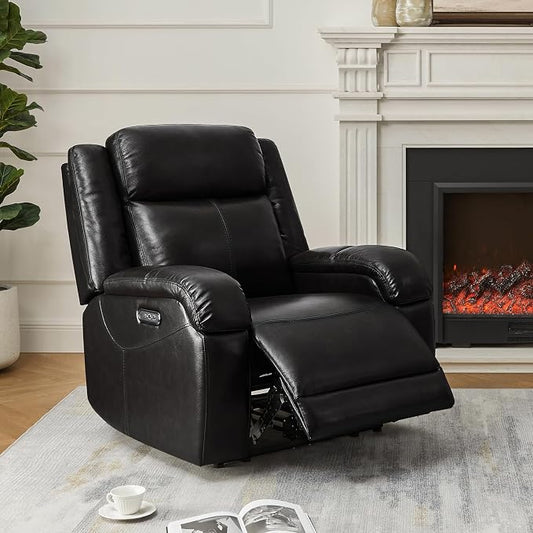 Watson & Whitely Genuine Leather Power Recliner Chairs for Adults, Wall Hugger RV Recliner with Power Headrest & Charging Ports, Electric Recliner Sofa Chair for Living Room, Black