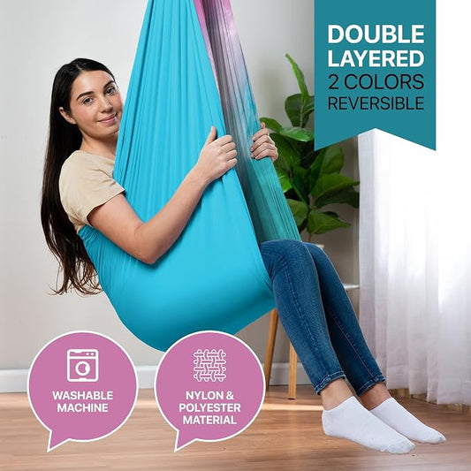 Indoor Sensory Swing for Kids or Outdoor – Holds 300lbs, Double-Layer, & 360° Swivel, Calming Compression Therapy Swing Hammock for Kids & Adults with All Hardware – Sensory-Motor Toys & Gifts