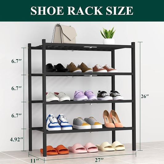 Smiry Bamboo Shoe Rack, 4 Tier Free Standing Wooden Shoe Organizer, Stackable Wood Shoe Storage Shelf for Closet, Entryway, 14 Vertical Slats, 2+2 Stack Heavy-Duty Legs, 26.8"x11"x26", Black
