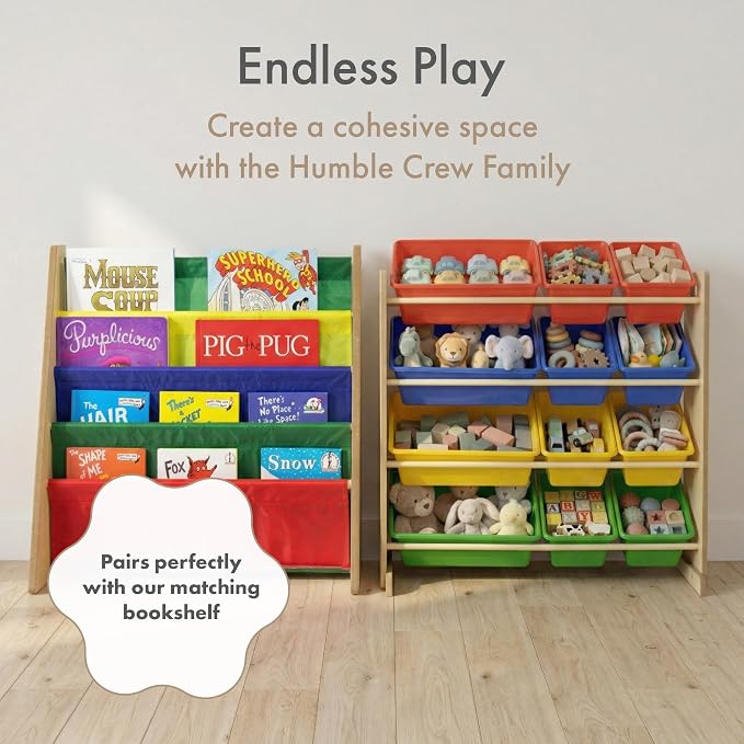 Humble Crew Kids' Toy Storage Organizer with 12 Plastic Bins, Natural/Primary, Model Number: WO560