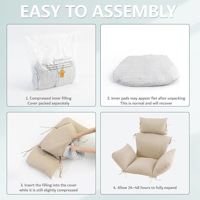 Egg Chair Cushion with 8 Securing Straps, Water-Repellent & Fade-Resistant Faux Linen, Removable Cover, Replacement Cushion for Most Single Outdoor Hanging Swing Egg Chairs – Beige