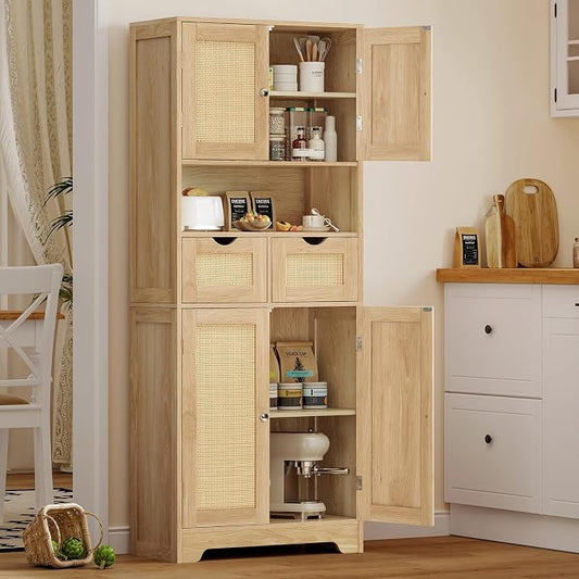TEENFON 57.8" H Tall Storage Cabinet with 2 Drawers & 2 Adjustable Shelves, Rattan Cabinets with 4 Doors, Cupboard, Kitchen Cabinets, Pantry Cabinet, Tall Cabinet for Living Room, Entryway, Natural