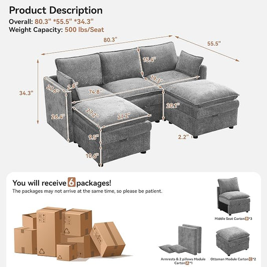 80" Cloud Modular 3 Seater Sofa with 2 Storage Ottoman, Modern Storage Sofa Couch Deep Seat, U Shape Sectional Sofa Chenille Comfy Couch with Armrests for Living Room, Small Space, Light Grey